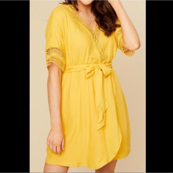 Altar'd State Jovanna Mustard Mini Dress With Tie Belt, Embroidered, L - Picture 4 of 8